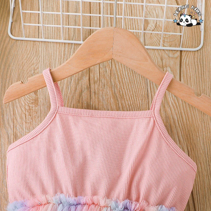 LEZONKIDS - Fornecimento de fábrica de vestido sem mangas de malha macia e confortável para meninas, vestido de tule para meninas